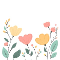 Colorful illustration of flowers and leaves with white background, clip art, pastel colors, simple design, simple flat design
