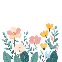 Colorful illustration of flowers and leaves with white background, clip art, pastel colors, simple design, simple flat design