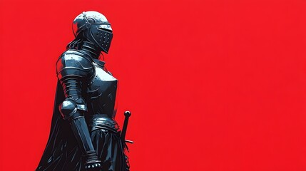 Naklejka premium Armored Female Knight Overwhelmed by Bustling Music Festival on Bright Red Backdrop