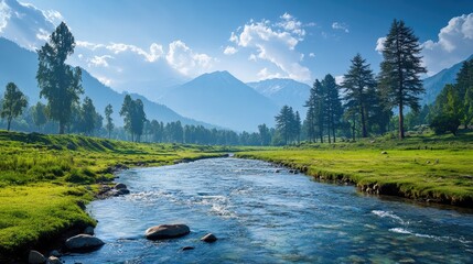 The lush meadows of Pahalgam in Kashmir, with a crystal-clear river flowing through and the majestic Himalayas in the background. © sarun