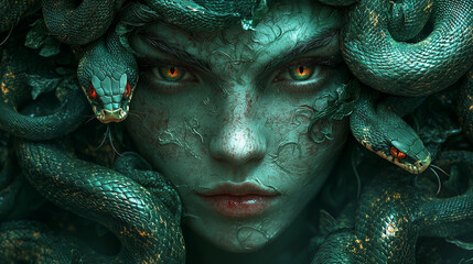 Medusa with snakes in her hair, featuring green and red colors against a dark background. Fantasy art style