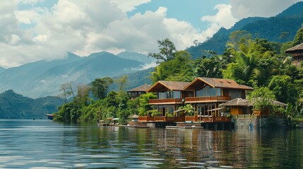 Fototapeta premium Stunning Tourist Scenery of Mountains and Waters: Ideal Resort Destinations. Discover Nature's Beauty and Tranquility.