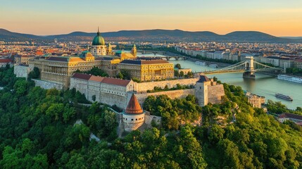 Fototapeta premium The majestic Buda Castle towering over Budapest, surrounded by lush greenery, with the Chain Bridge connecting Buda and Pest in the distance.