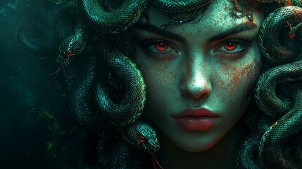 Medusa with snakes in her hair, featuring green and red colors against a dark background. Fantasy art style