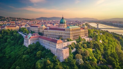 Naklejka premium The majestic Buda Castle towering over Budapest, surrounded by lush greenery, with the Chain Bridge connecting Buda and Pest in the distance.