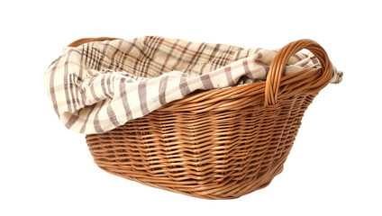 Obraz premium A wicker basket with a chakered blanket.