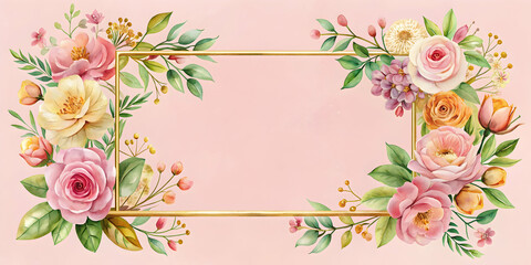 Watercolor floral frame with gold clip arts on soft pastel pink background, watercolor, floral, frame, gold, clip arts, soft