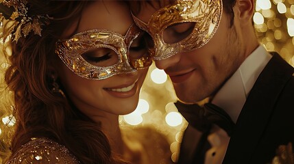 Elegant couple wearing golden masquerade masks at a party