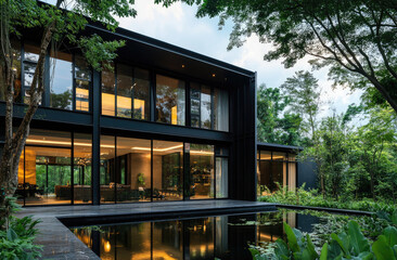A modern house with large glass windows, surrounded by lush greenery and reflecting the sunlight.