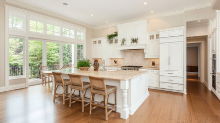 A spacious and modern kitchen featuring large island with seating, white cabinetry, and natural light streaming through large windows. warm wooden floor complements elegant design, creating welcoming