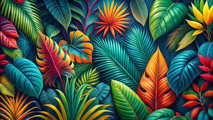Vibrant tropical abstract pattern with lush foliage and bold colors , vibrant, tropical, abstract, pattern