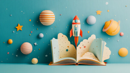 A colorful scene featuring rocket launching from an open book, surrounded by planets and stars, evokes sense of wonder and imagination