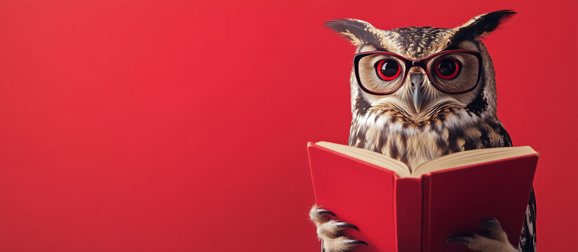Wise owl in glasses reads book on red background banner