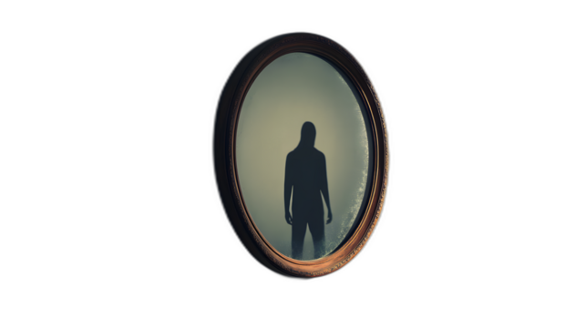 A haunted mirror reflecting a shadowy figure isolated on a plain white background