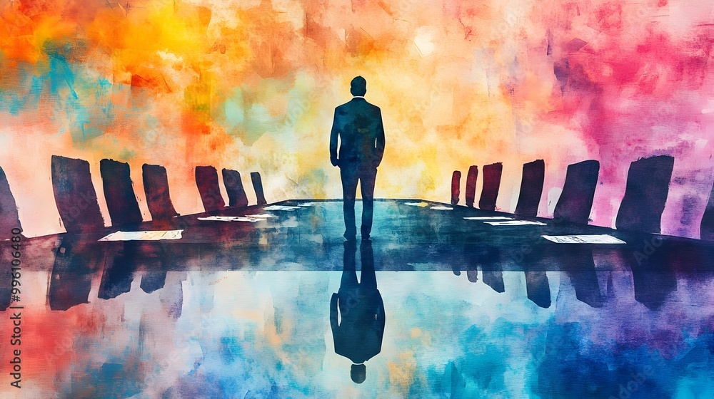 Poster abstract watercolor of business leader strategizing at table with maps and documents