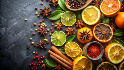 Assorted spices and citrus fruits on a dark background, including star anise, peppercorns, turmeric
