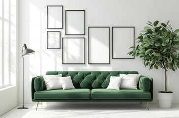A modern living room with an emerald green sofa, white walls, and frames on the wall. A plant in front of it adds to its fresh atmosphere. The space is well-lit by floor lamps, creating an inviting am