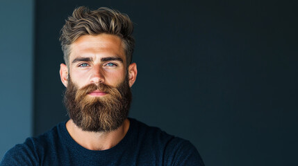 Fototapeta premium A confident man with well groomed beard and stylish hair poses against dark background, exuding sense of strength and charisma. His piercing blue eyes draw attention, making image captivating