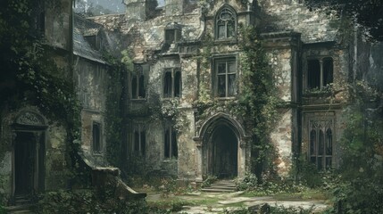 Overgrown Ruins of a Stone Manor with an Archway Entrance