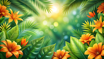 Vibrant orange flowers and lush green tropical leaves in a vibrant summer scene , vibrant, orange, flowers, bloom, tropical, leaves