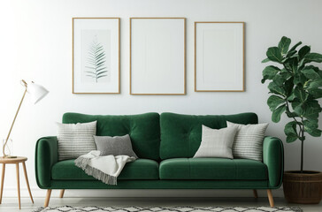 A modern living room with an emerald green sofa, white walls, and frames on the wall. A plant in front of it adds to its fresh atmosphere. The space is well-lit by floor lamps, creating an inviting am
