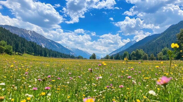 The verdant valleys of Pahalgam, with wildflowers blooming in the meadows and clear blue skies overhead.