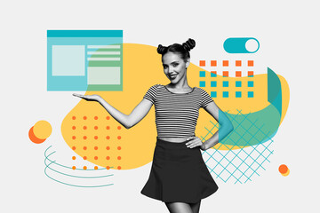 Composite trend artwork sketch image collage of workspace interface website project page button cogwheel young lady show hand gesture