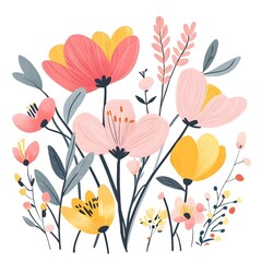 Cute spring flowers, clipart, watercolor illustration, simple clean line art, white background, colorful,