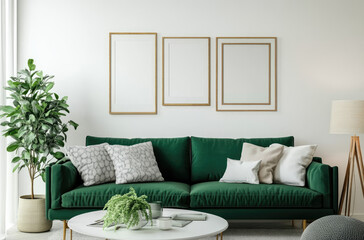 A modern living room with an emerald green sofa, white walls, and frames on the wall. A plant in front of it adds to its fresh atmosphere. The space is well-lit by floor lamps, creating an inviting am