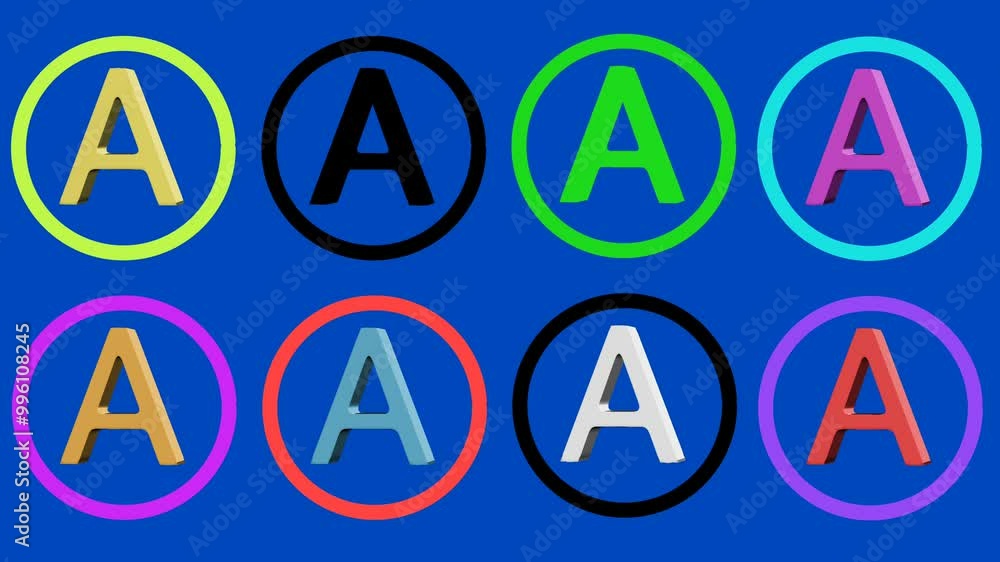 Poster a alphabet letter rotating spinning icon logo in different colors loop video animation isolated on b