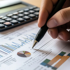 hand with pen and calculator on financial report