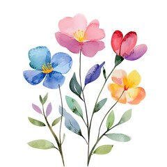 Cute spring flowers, clipart, watercolor illustration, simple clean line art, white background, colorful,
