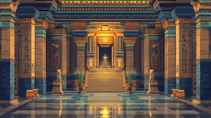 Naklejka premium Pixelated Ancient Egyptian Temple Interior with Golden Accents