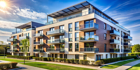 Sleek, modern apartment building with solar panels on roof, solar panels