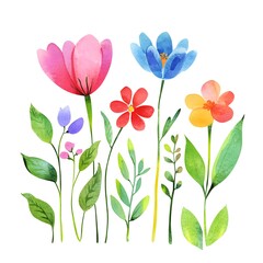 Cute spring flowers, clipart, watercolor illustration, simple clean line art, white background, colorful,