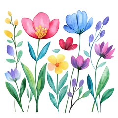 Cute spring flowers, clipart, watercolor illustration, simple clean line art, white background, colorful,