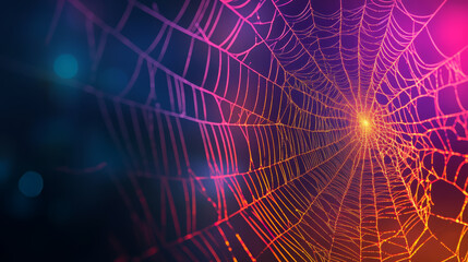 Obraz premium vibrant, glowing spider web with neon threads creates mesmerizing visual effect, showcasing intricate patterns against dark background. interplay of colors evokes sense of wonder and beauty