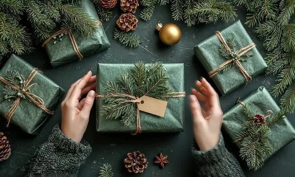 Hands Tying Bow on Festive Green Christmas Gift with Pine Branches.