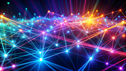 Fototapeta premium Interconnected data points with bright neon lines and digital effects, technology, network, connections, digital