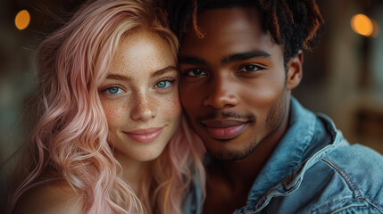 Obraz premium Modern young family. Man in a denim jacket hugs a wife with pink hair