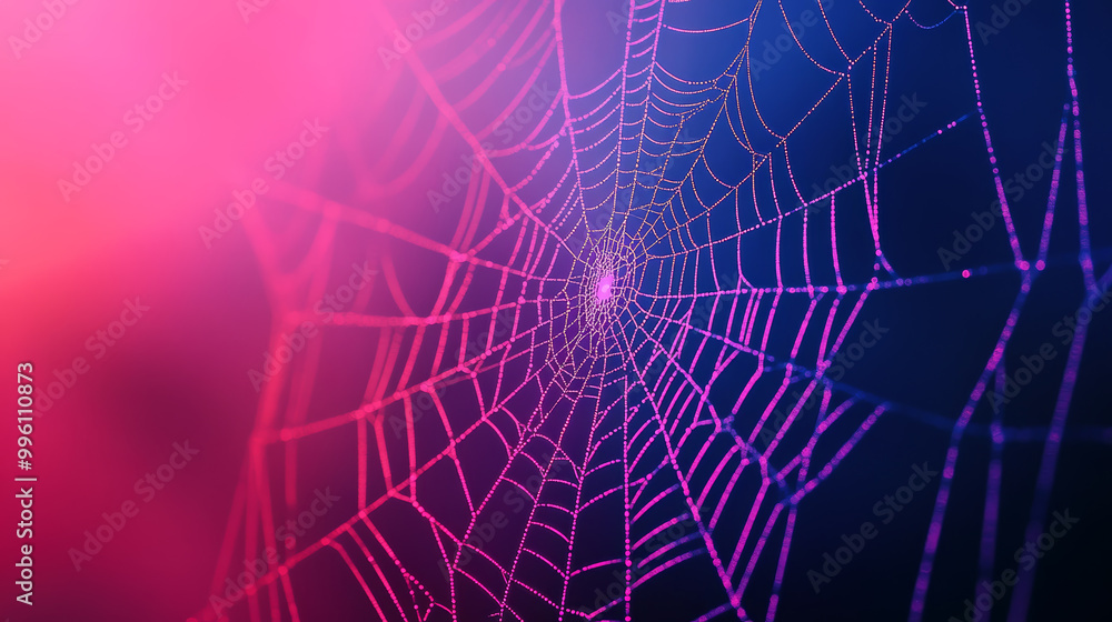 Wall mural floating glowing spider web with neon threads creates mesmerizing visual effect against vibrant back