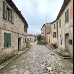 Fototapeta premium Narrow cobblestone street, historic old buildings, weathered stone, cloudy sky. Italian village.