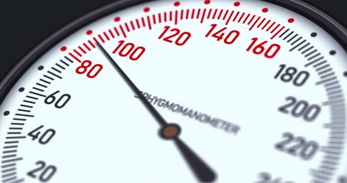 Sphygmomanometer gauge close-up, hypertension, blood pressure measurement, old round scale of sphygmometer, footage