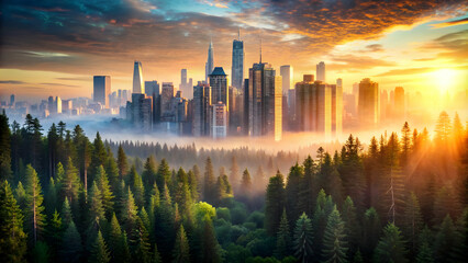 Cityscape and forest merge in sunset double exposure, cityscape, forest, merge, sunset, double exposure, urban, nature, skyline