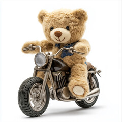 Teddy bear ride motorcycle on white background. generative AI
