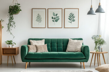 A simple and elegant living room with an emerald green sofa, white walls, framed botanical posters on the wall, wooden side tables, floor lamps, plants in vases, and soft lighting from pendant lights