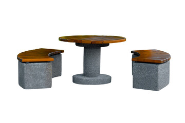 round wooden table and park benches isolated on white background