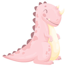 Cute pink baby dino with a horn on his nose isolated on a white background. The concept of dinosaur animals. Flat vector illustration on the theme of dinosaurs. cartoon animals.