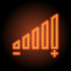 Audio volume simple icon vector. Flat design. Orange neon on black background