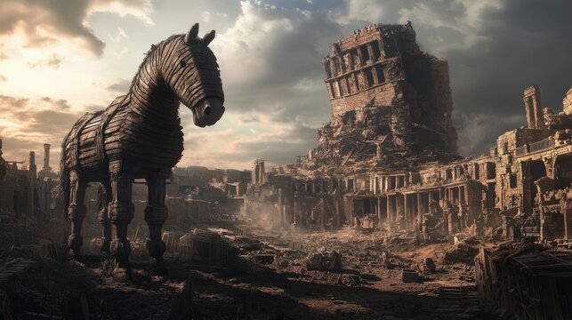 Troy ruins with the iconic wooden horse in the foreground, standing tall amidst the remnants of an ancient civilization.